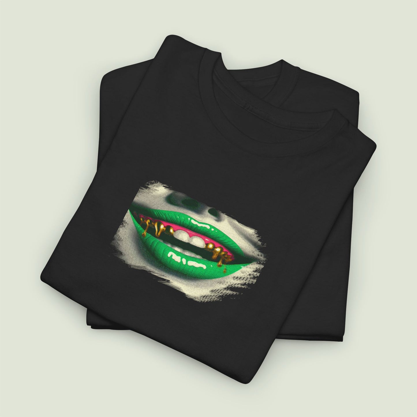 Black 100% cotton shirt featuring a surreal green lips print with a modern, rebellious twist